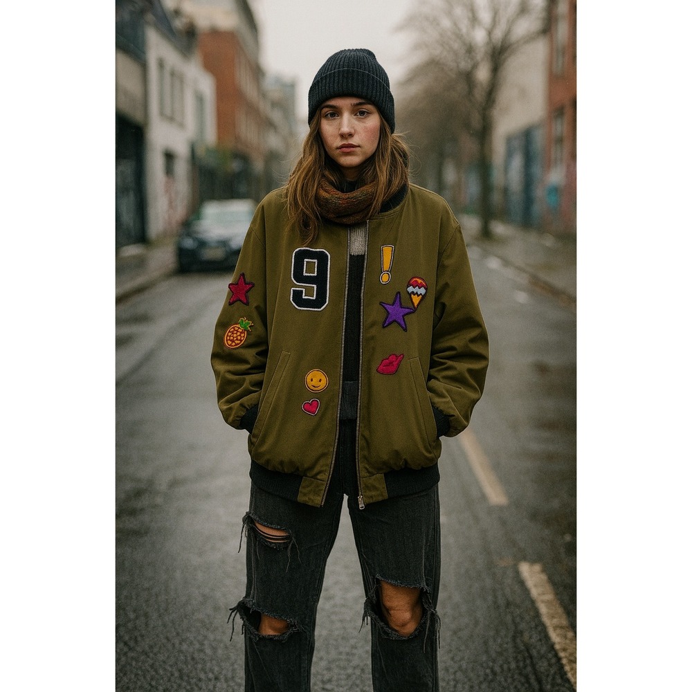 Streetwear‎ Grunge Goth Bomber Skull Heart Star Lips Patch  Green Black S Jacket